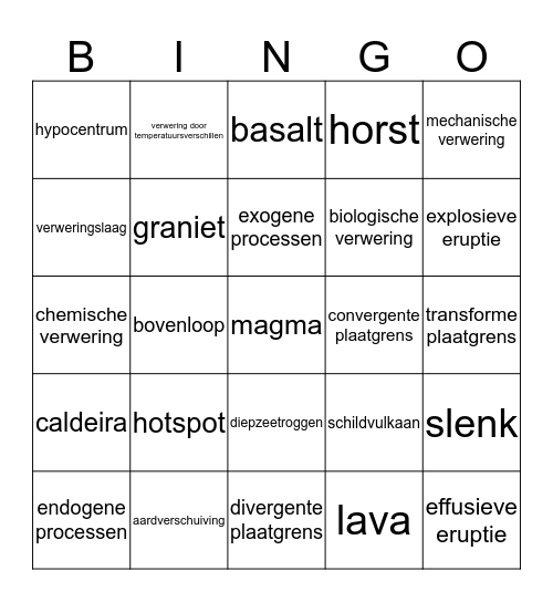 Begrippenbingo Endogene & Exogene processen Bingo Card