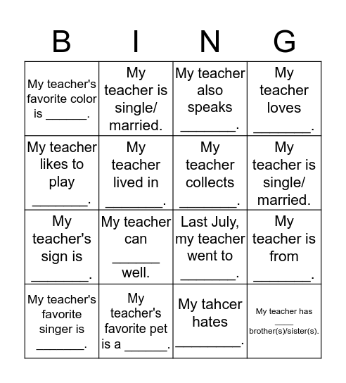 My Teacher Bingo Card