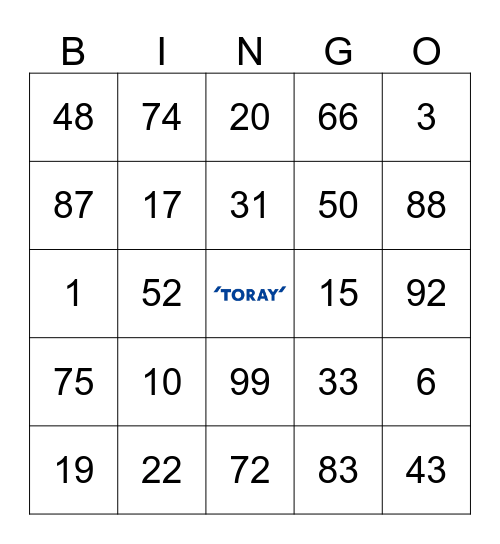 Toray Bingo Card