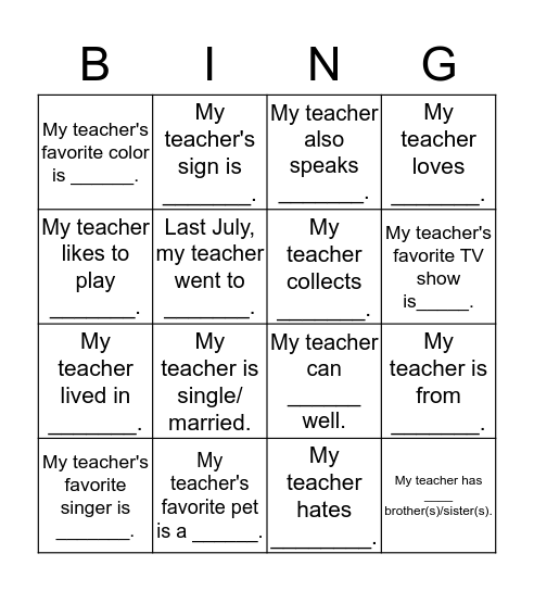 My Teacher Bingo Card