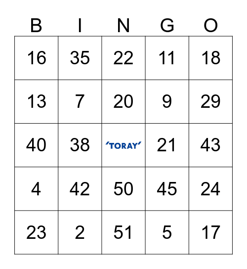 Toray Bingo Card