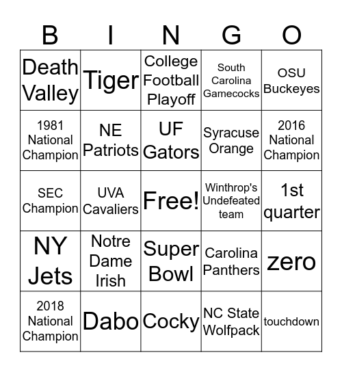 Mr. Beasley's Football BINGO Card