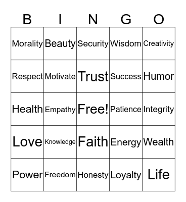 Values Bingo Card