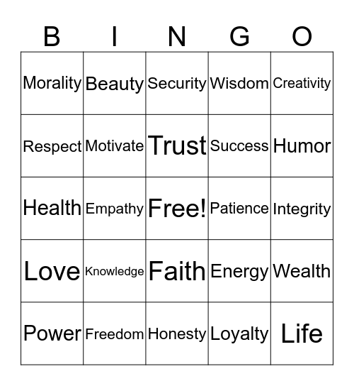Values Bingo Card