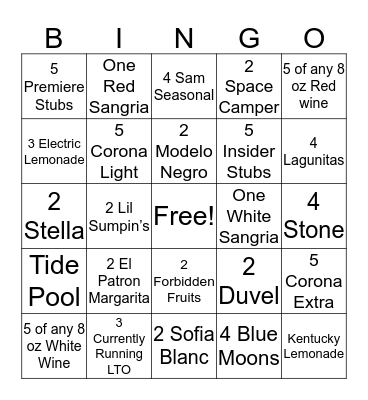 Bar Bingo Card