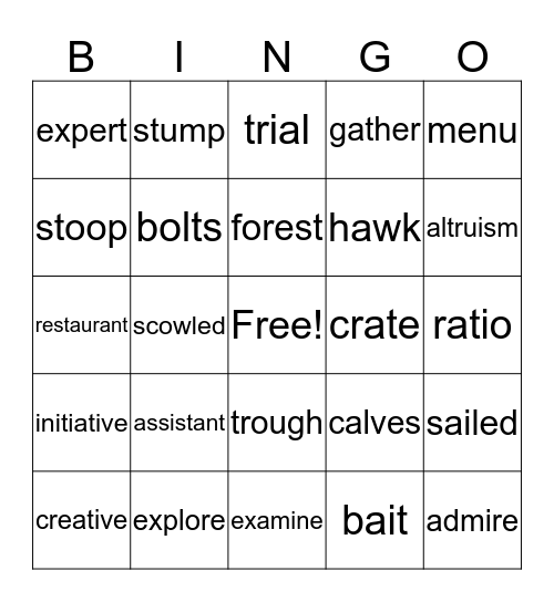 Vocabulary Bingo Card