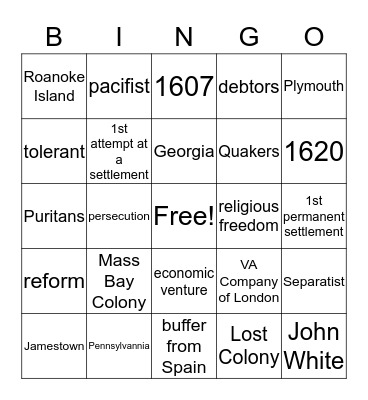 Early English Settlements Bingo Card