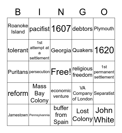 Early English Settlements Bingo Card