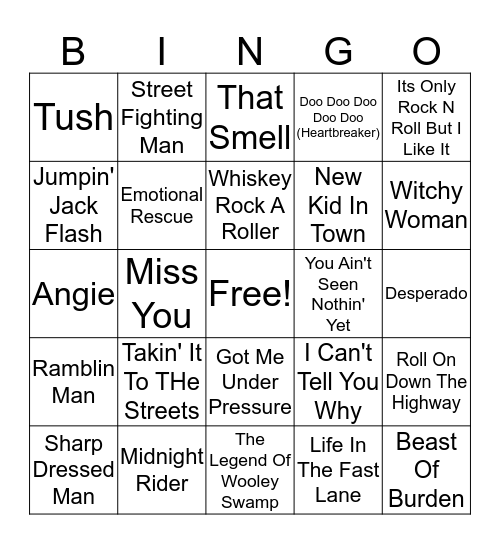 Southern Rock Bingo Card