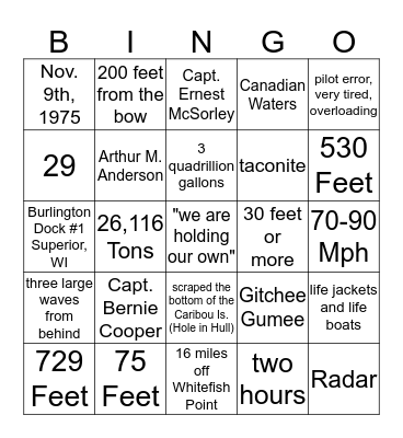 Edmund Fitzgerald Bingo Card