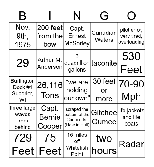 Edmund Fitzgerald Bingo Card