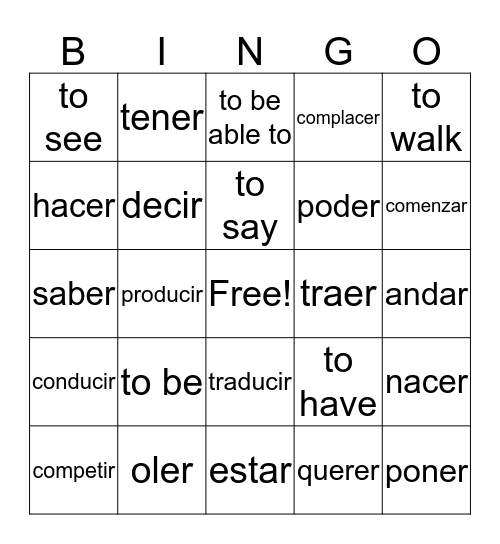 Verbos irregulares Bingo Card