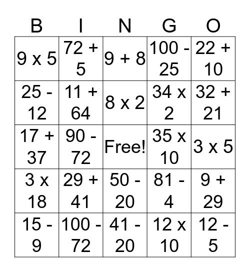 Math Signs Bingo Card