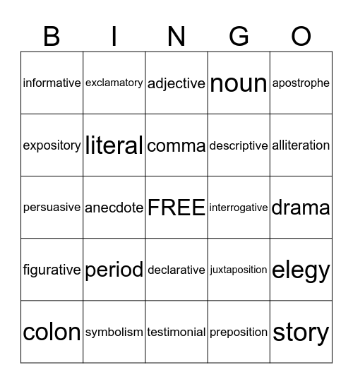 Word Bingo Card