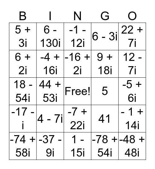 Complex Number Bingo Card