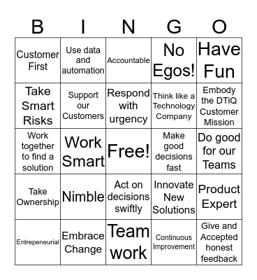 DTiQ Values Bingo Card