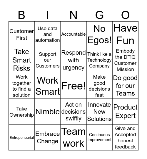 DTiQ Values Bingo Card