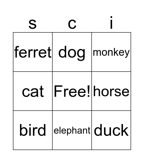 animals Bingo Card