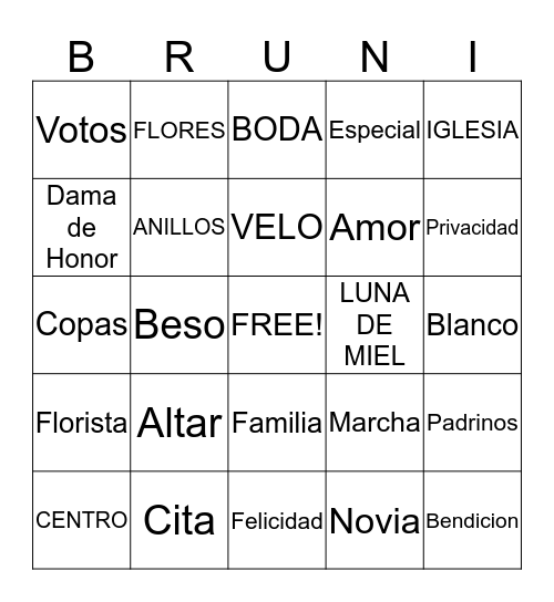 Brunilda's Bridal Shower Bingo Card