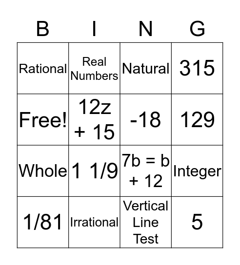 Math Bingo Card