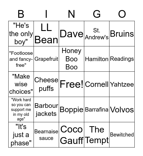 Hamlin Family Bingo Card