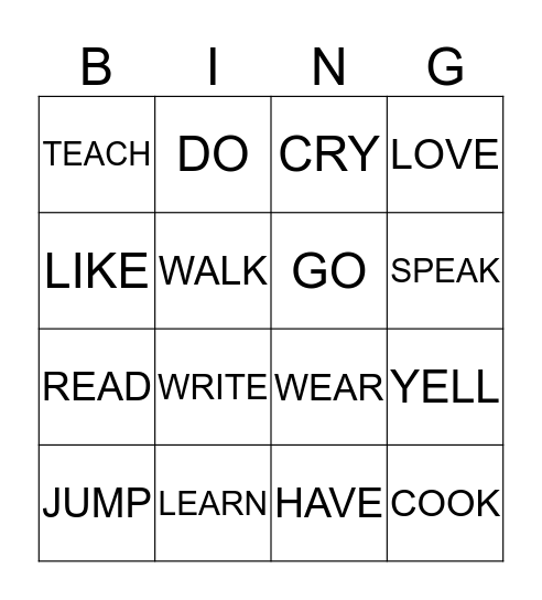 VERBS Bingo Card