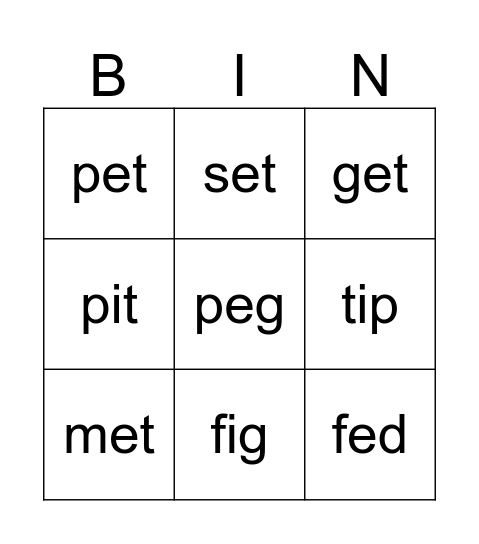 Short E Words to Read Bingo Card