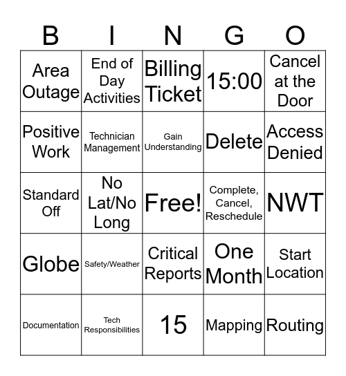 RSC Intermediate Bingo Card