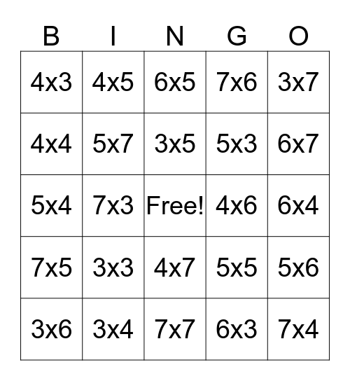 Multiplication BINGO 3x7 Bingo Card