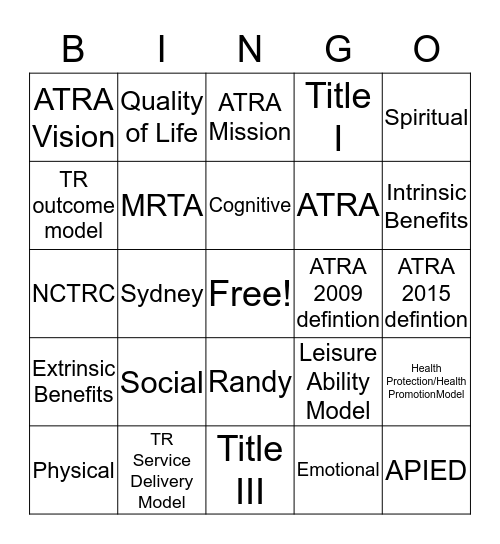 Necessity of Recreational Therapy  Bingo Card
