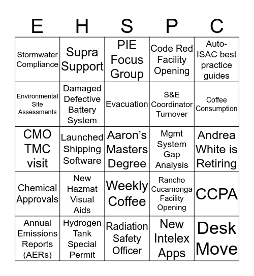 EHSPCM 2019 Update Bingo Card