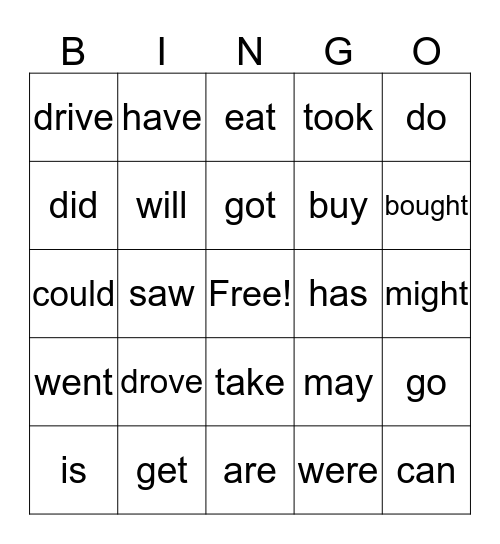 Irregular Verbs Bingo Card