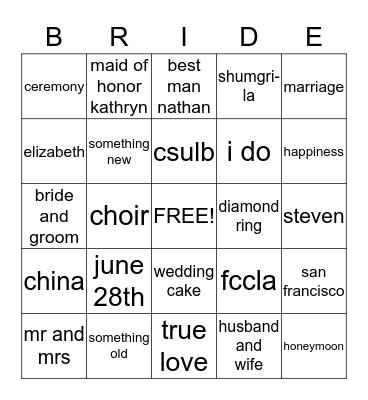 ELIZABETH'S BRIDAL SHOWER Bingo Card