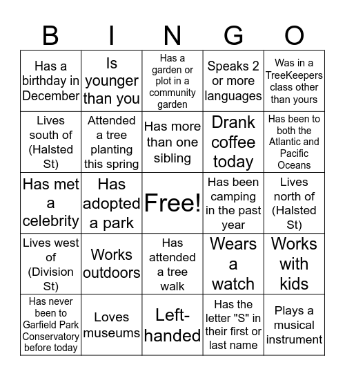 TreeKeeper Human Bingo Card