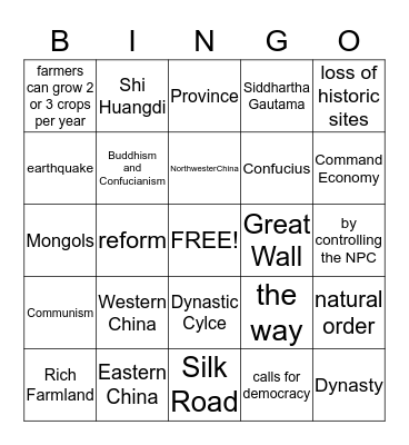 China Bingo Card