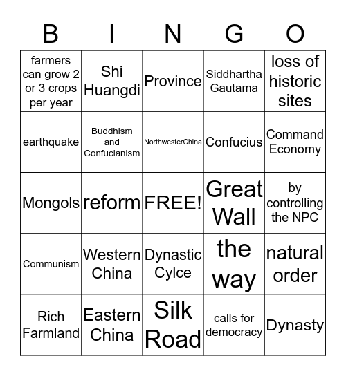 China Bingo Card