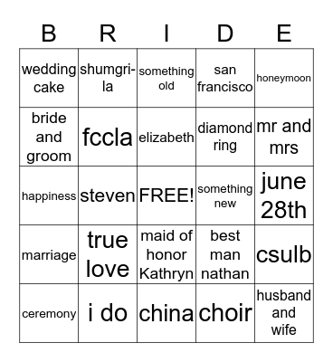 ELIZABETH'S BRIDAL SHOWER Bingo Card