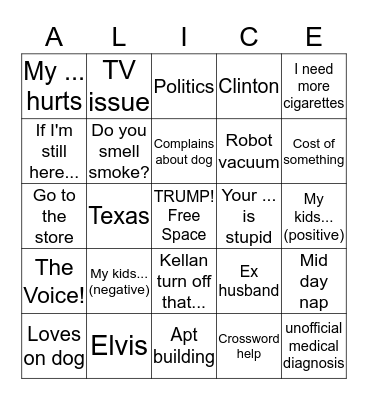 Alice Bingo Card