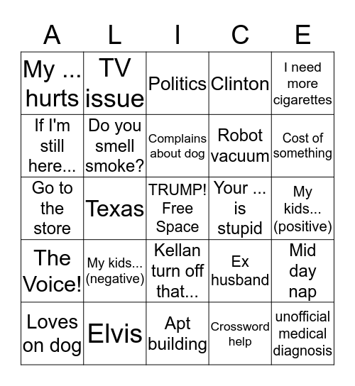 Alice Bingo Card