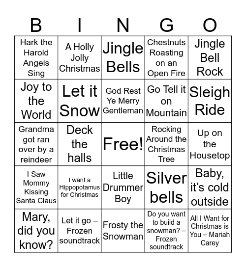 Holiday Song Bingo Card