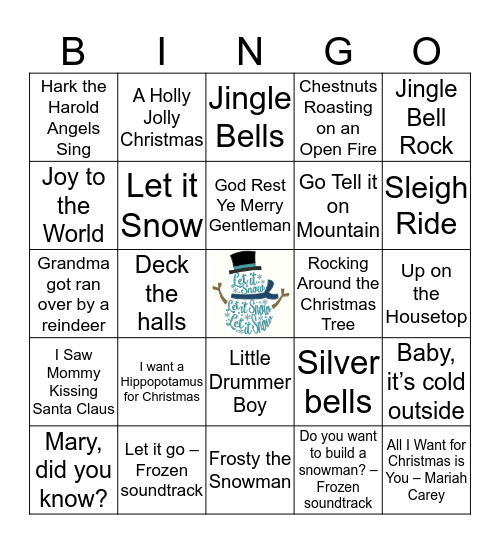 Holiday Song Bingo Card