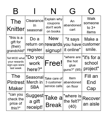 Retail Bingo Card