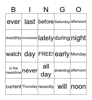 Days of the Week & Time Review Bingo Card