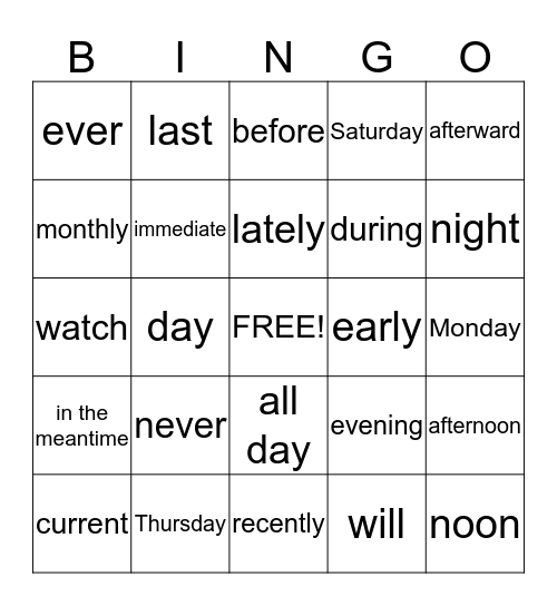 Days of the Week & Time Review Bingo Card