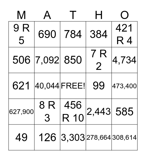 Multiplication and Division  Bingo Card