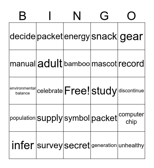 Vocabulary Bingo Card