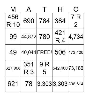 Multiplication and Division  Bingo Card