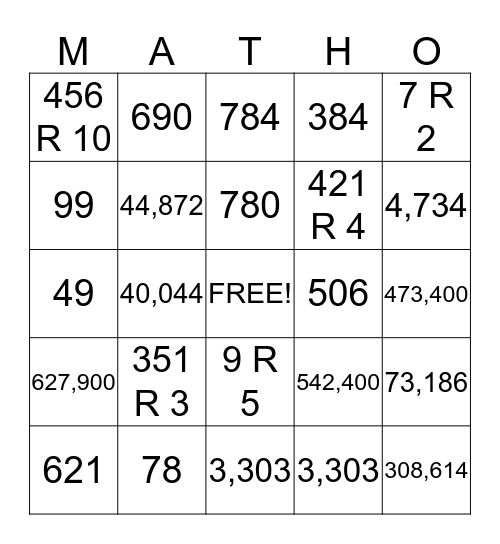 Multiplication and Division  Bingo Card