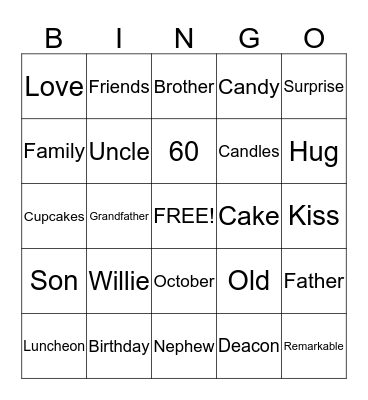 Willie's 60th Surprise Birthday Luncheon Bingo Card