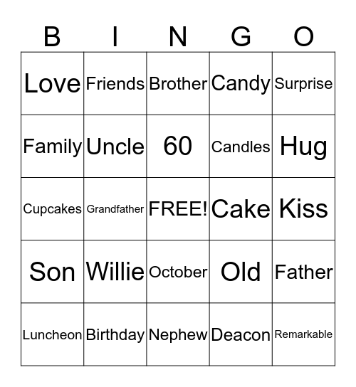 Willie's 60th Surprise Birthday Luncheon Bingo Card